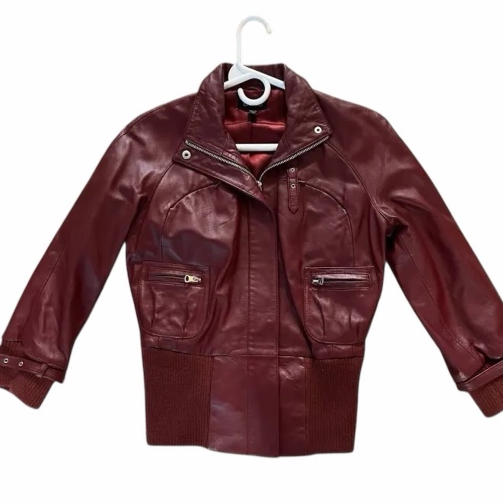 Bebe Red 100% Leather Cropped Moto Bomber Jacket Size XS